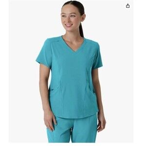 NWT Women's V-Neck Scrub Top X-Large Teal Blue  4-Pocket Design